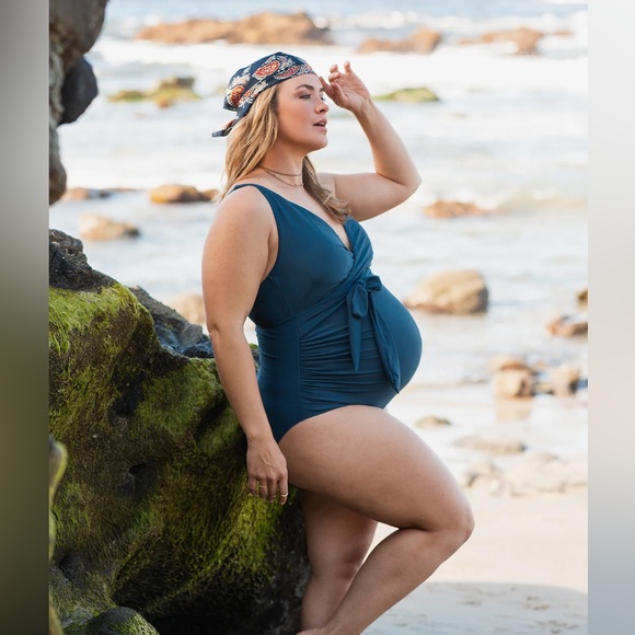 Navy Blue Waist Tie Maternity Plus One-Piece Swimsuit 1x Pinkblush - Picture 6 of 7